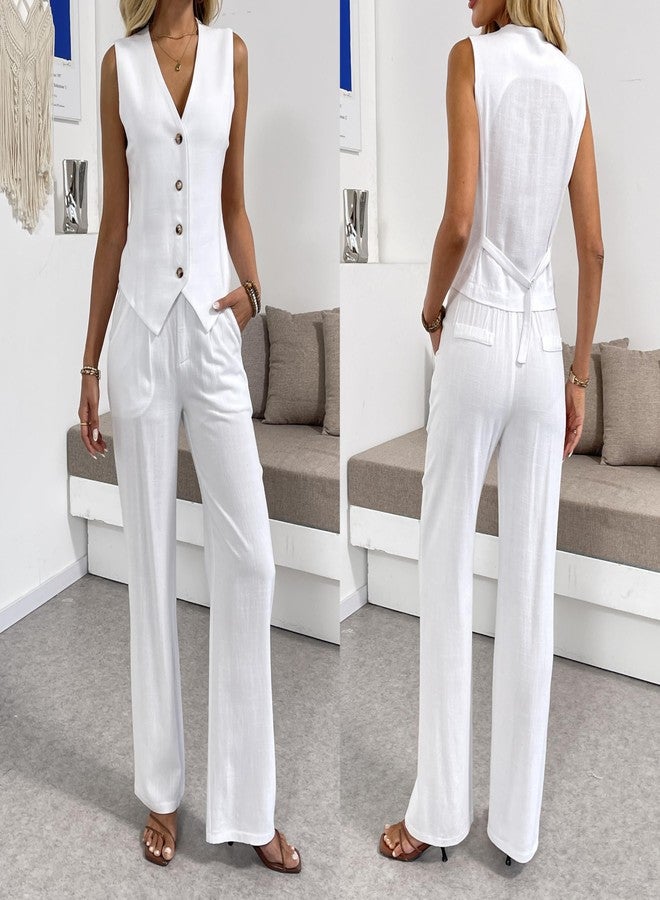 heipeiwa Women's Linen Casual High Waist Wide Leg Straight Dress Cotton Linen Pants Button Trousers - Image 3